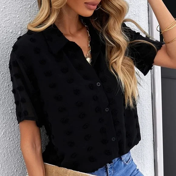 V-Neck Chiffon Pom Pom Blouse - Picture 1 of 6